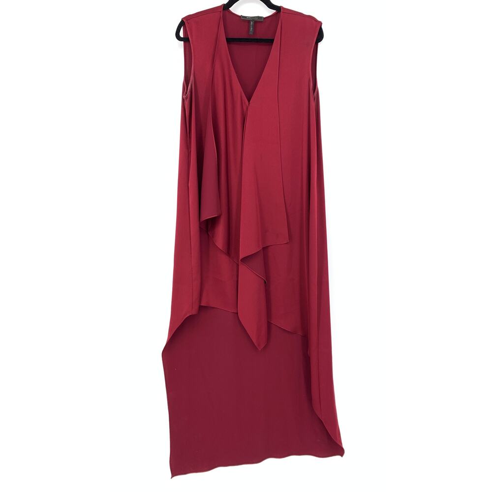 BCBGMAXAZRIA Tara Dress Women's Sz L Cascading Ruffle Hi-Low V-Neck Midi Red